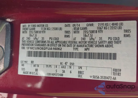 2015 Ford Escape Se из США, поврежденный, VIN 1FMCU9G92FUA16062